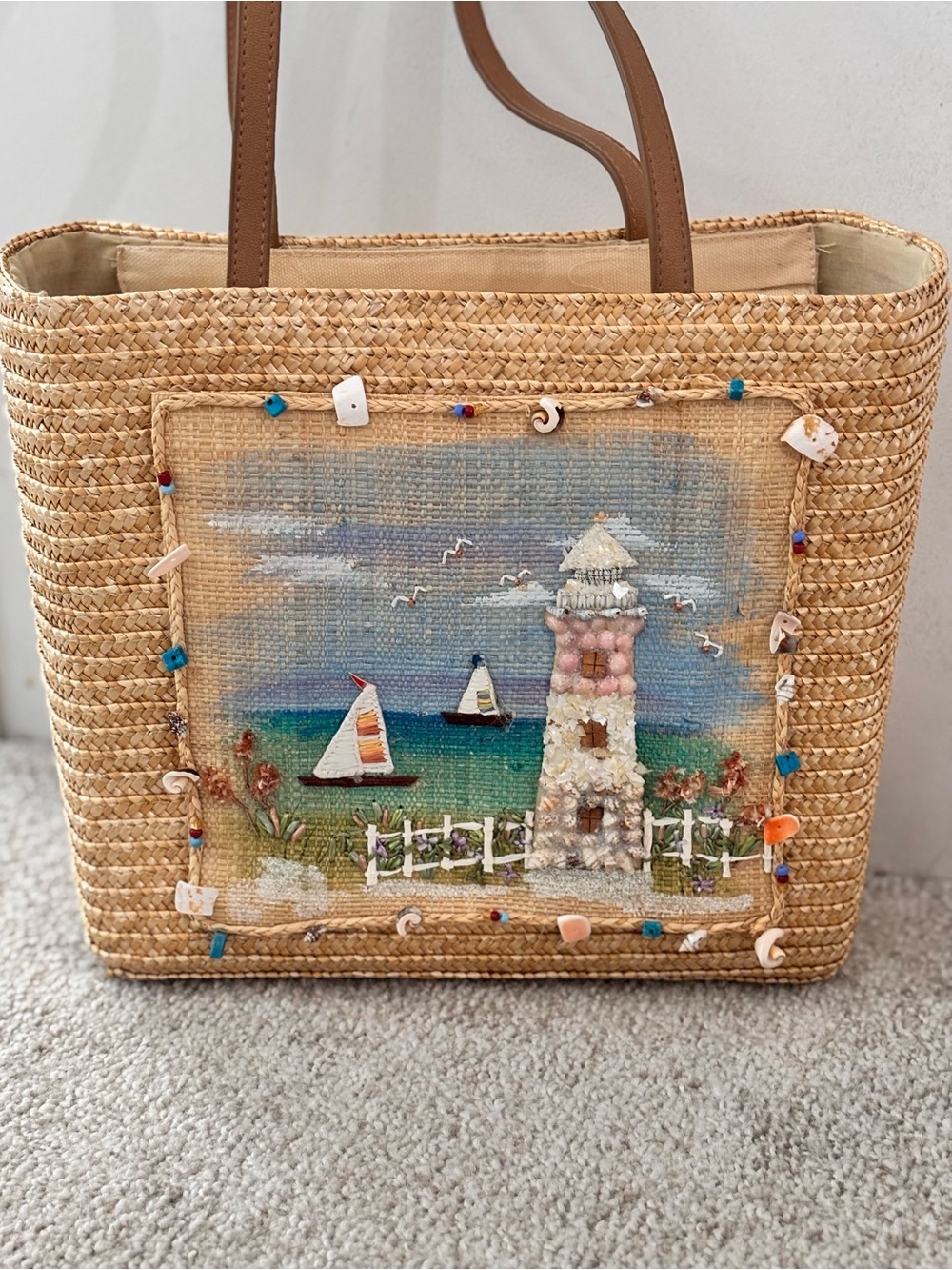 Capelli NY Straworld Inc. Hand-painted Beach Lighthouse Ocean Straw Bag EUC - Picture 3 of 13